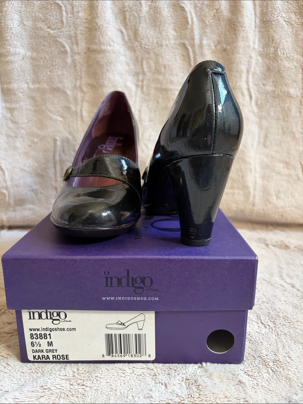 Indigo Kara Rose Dark Grey Patent Mary Jane Heels